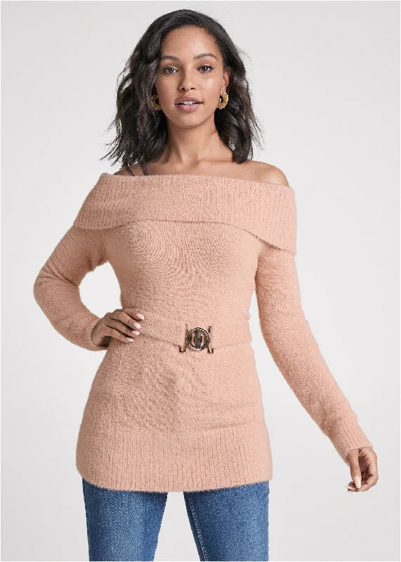 Fold over belted sweater - Pink