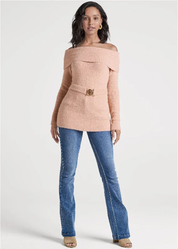 Fold over belted sweater - Pink