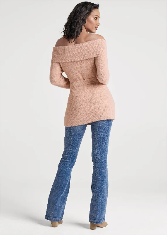 Fold over belted sweater - Pink