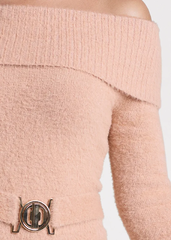 Fold over belted sweater - Pink