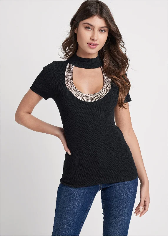 Rhinestone trim mock neck sweater - Black