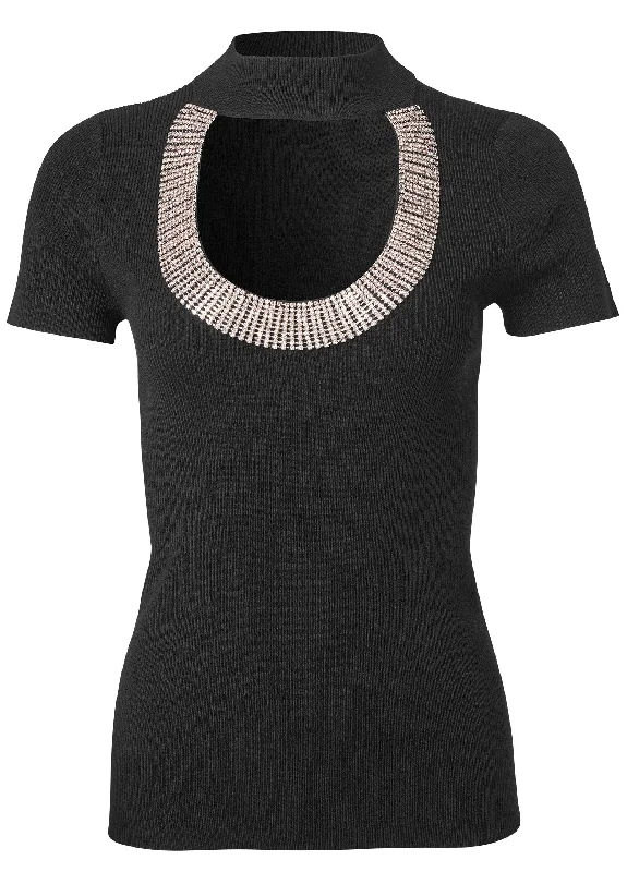 Rhinestone trim mock neck sweater - Black