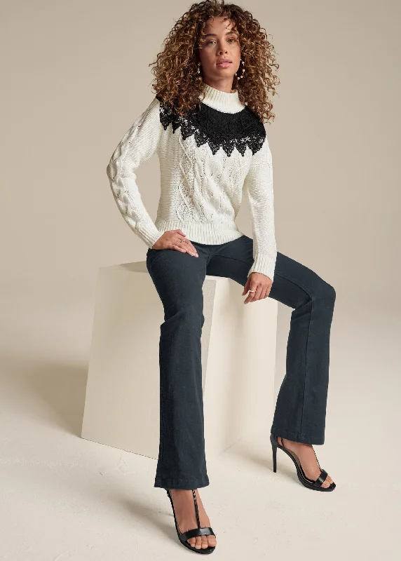 Lace detail mock neck sweater - Off White & Black