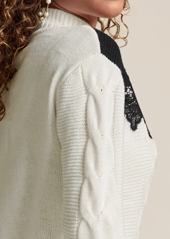 Lace detail mock neck sweater - Off White & Black