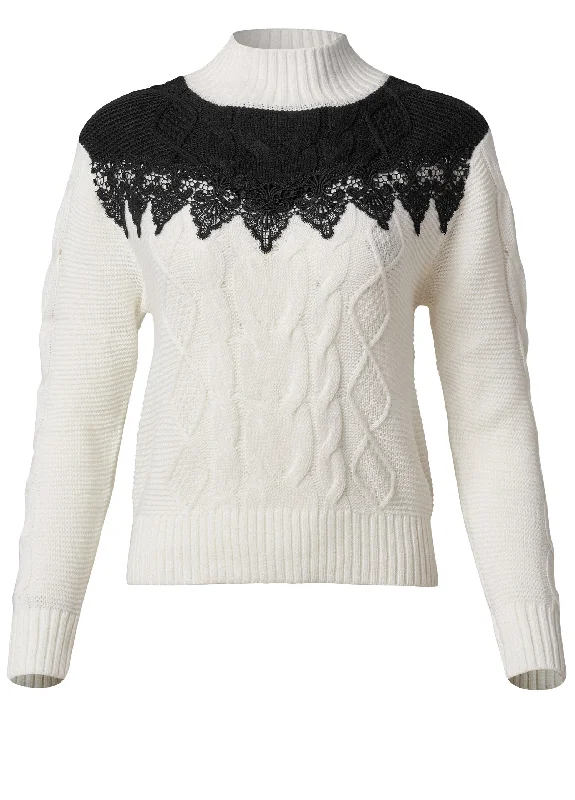 Lace detail mock neck sweater - Off White & Black