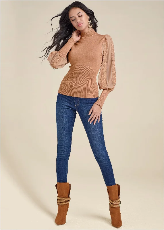 Lace Balloon Sleeve Sweater  - Tan