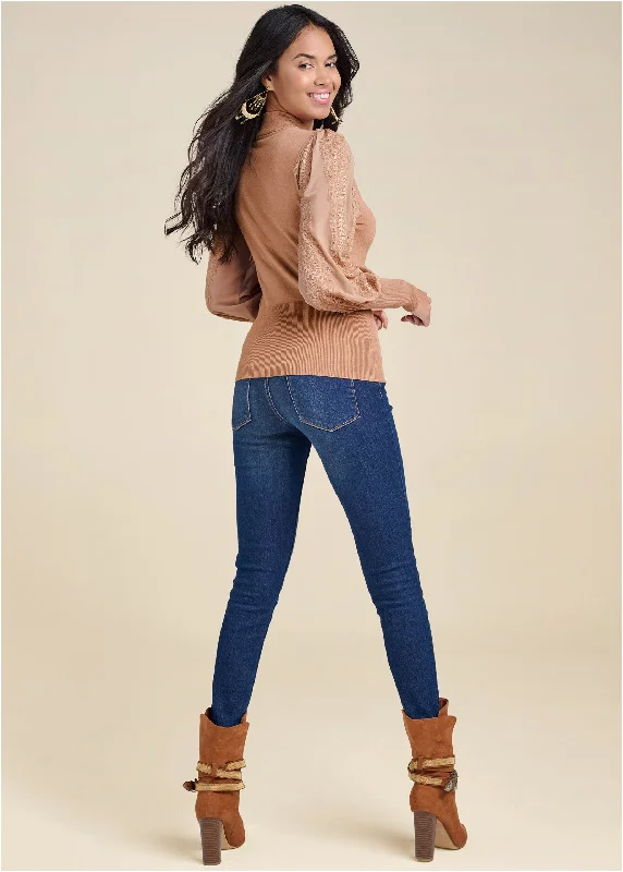 Lace Balloon Sleeve Sweater  - Tan