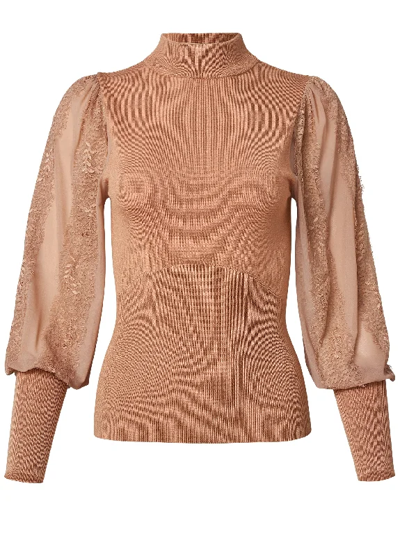 Lace Balloon Sleeve Sweater  - Tan