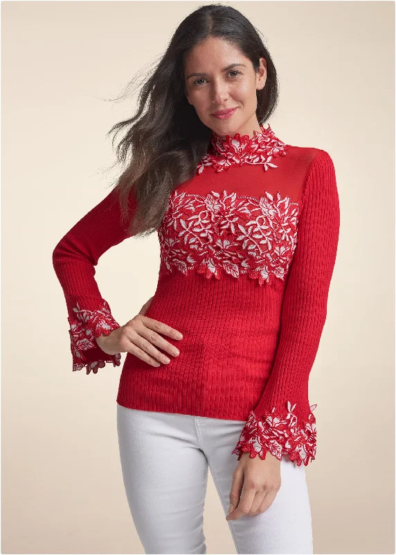 Floral applique sweater - Red & White