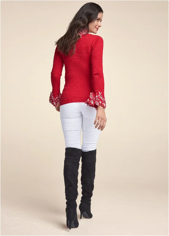 Floral applique sweater - Red & White