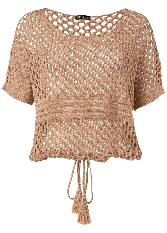 Cotton open knit sweater - Tan