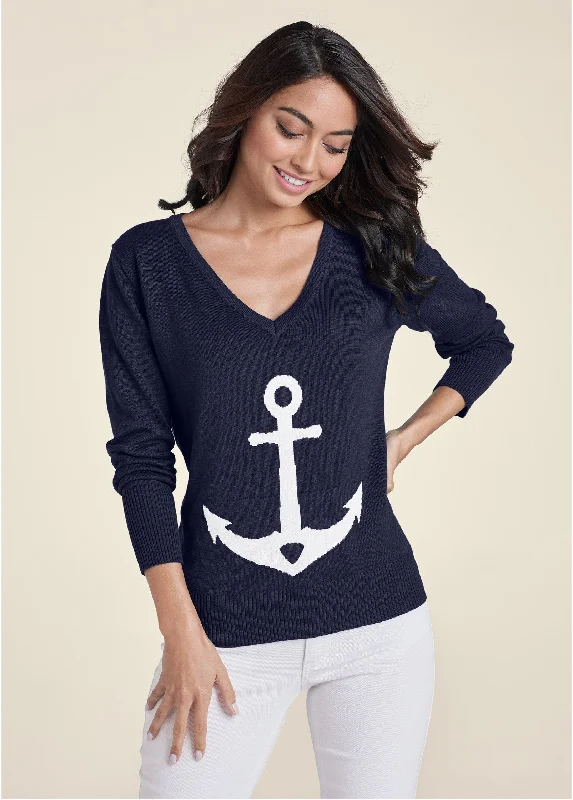 Anchor V-neck sweater - Navy & White