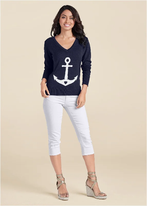 Anchor V-neck sweater - Navy & White