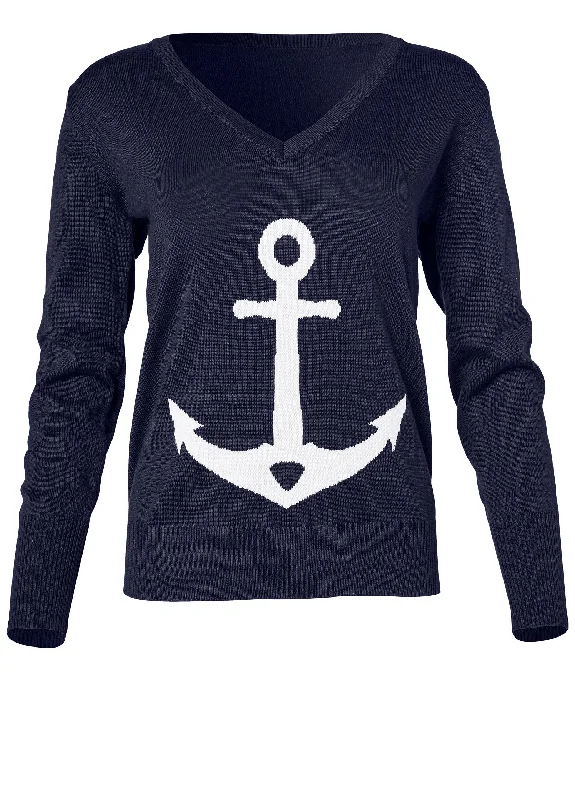 Anchor V-neck sweater - Navy & White