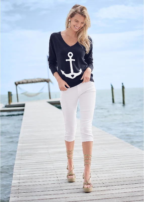 Anchor V-neck sweater - Navy & White