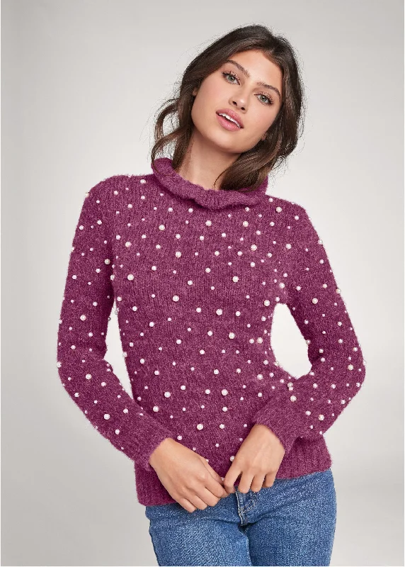 Pearl detail chenille sweater - Berry