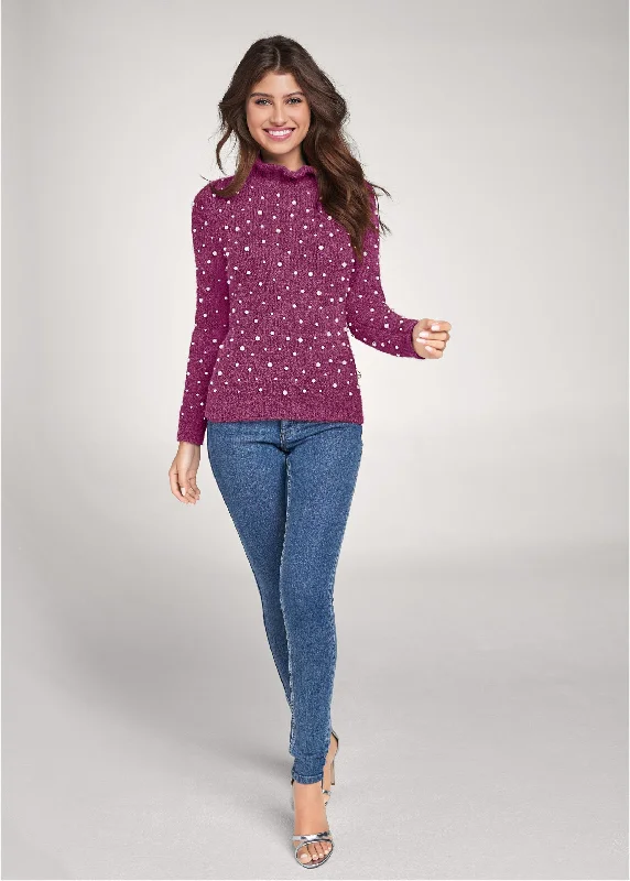 Pearl detail chenille sweater - Berry