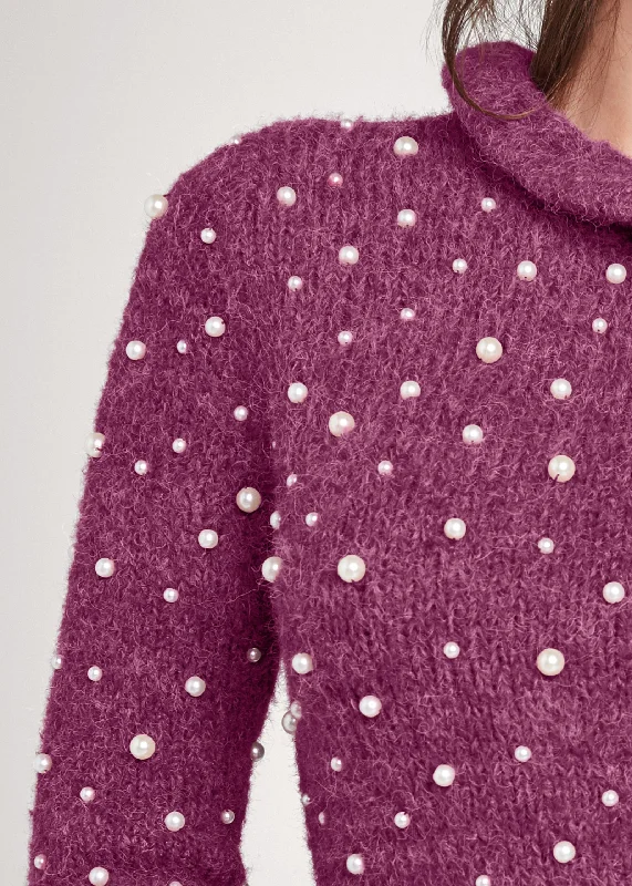 Pearl detail chenille sweater - Berry