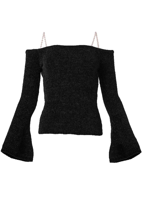 Off shoulder pearl strap chenille sweater - Black