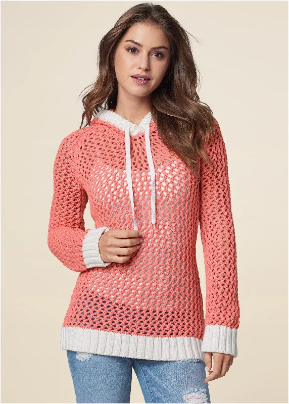 Open knit hoodie sweater - Coral Multi