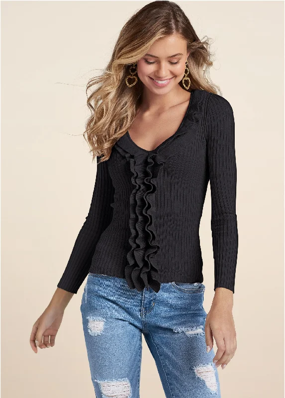 Ruffle front ribbed sweater - Black