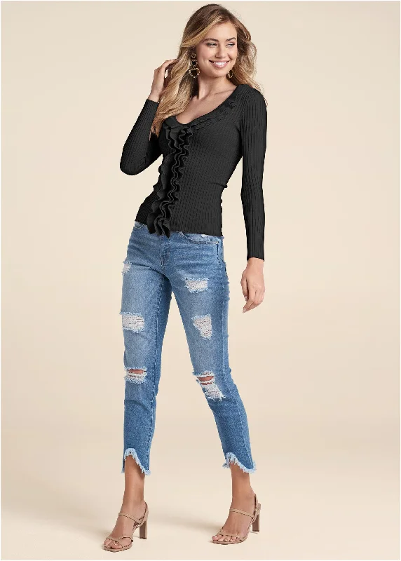 Ruffle front ribbed sweater - Black