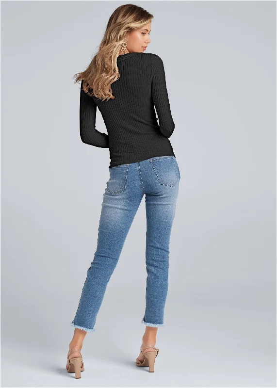 Ruffle front ribbed sweater - Black