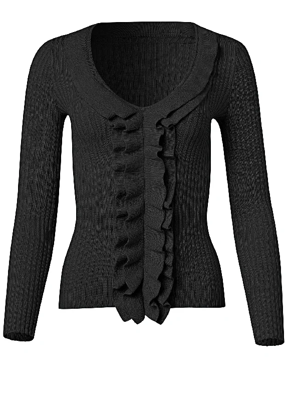 Ruffle front ribbed sweater - Black