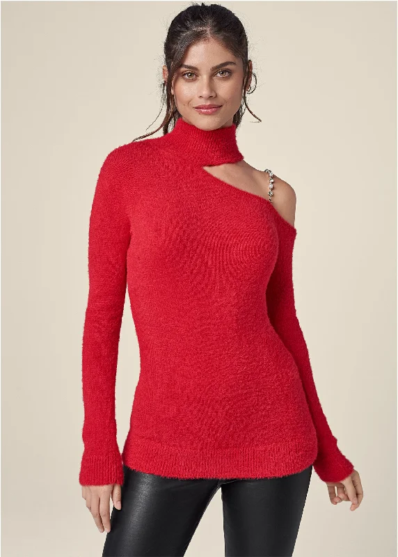 Cozy one shoulder turtleneck with removeable pearl strap - Red