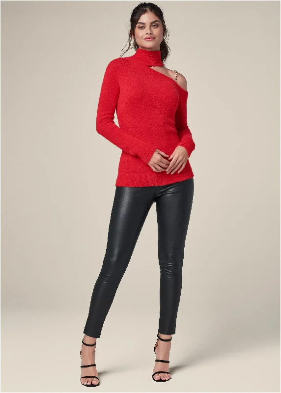 Cozy one shoulder turtleneck with removeable pearl strap - Red