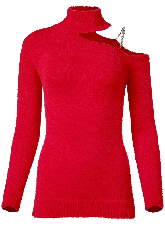 Cozy one shoulder turtleneck with removeable pearl strap - Red