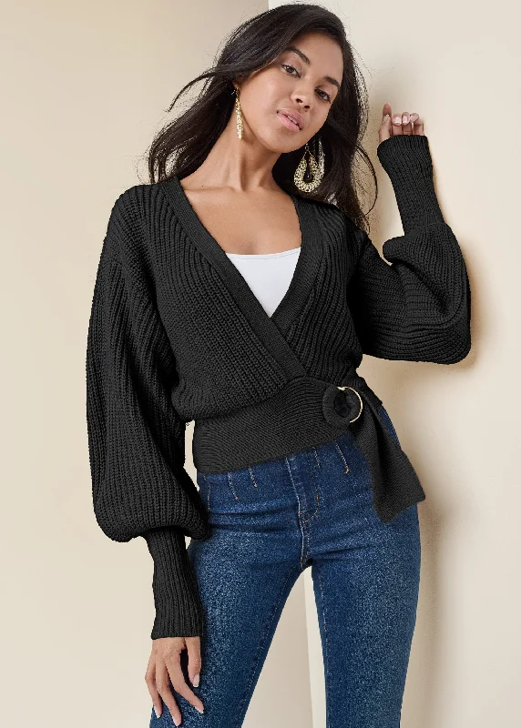 Wrap balloon sleeve sweater - Black