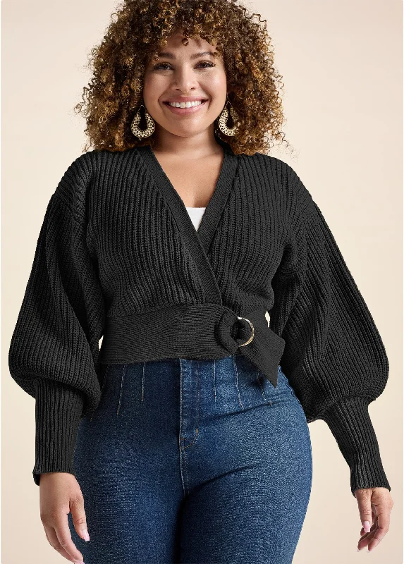 Wrap balloon sleeve sweater - Black