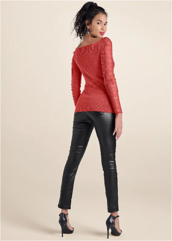 Lace sleeve ribbed sweater - Red