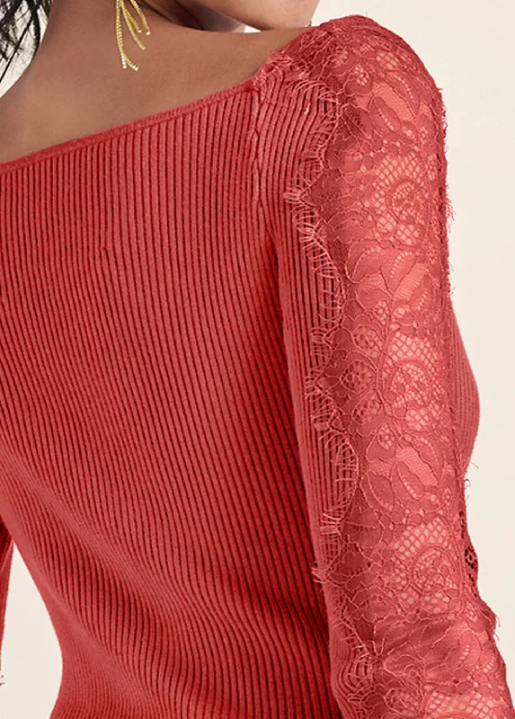 Lace sleeve ribbed sweater - Red