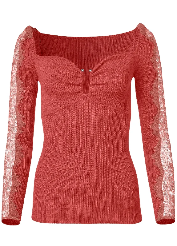 Lace sleeve ribbed sweater - Red