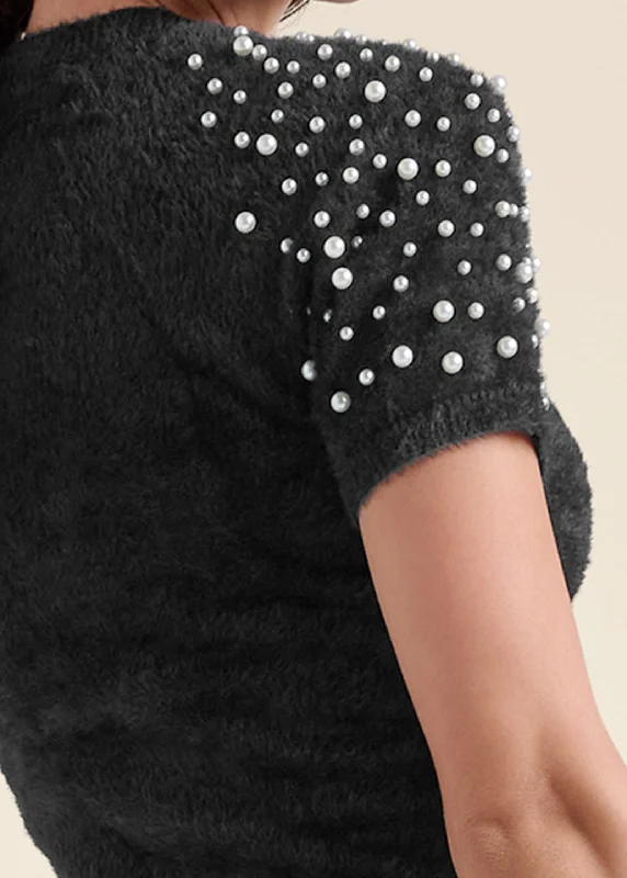 Cozy short sleeve pearl accent sweater - Black