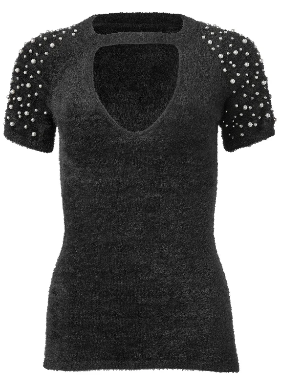 Cozy short sleeve pearl accent sweater - Black