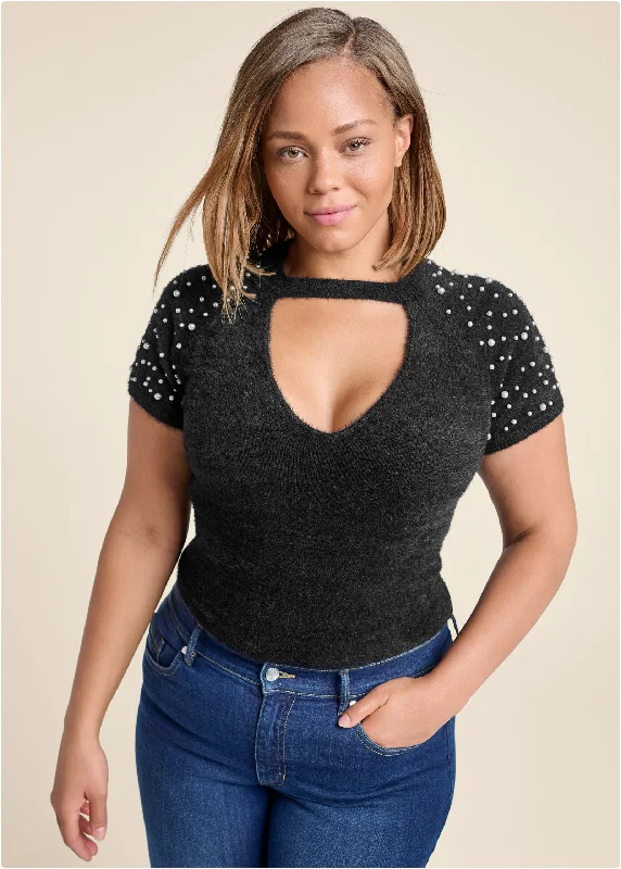 Cozy short sleeve pearl accent sweater - Black