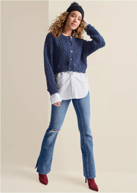 Sweater with shirting detail - Navy Multi