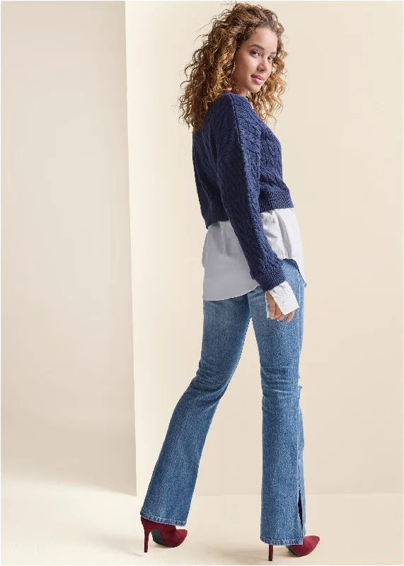 Sweater with shirting detail - Navy Multi