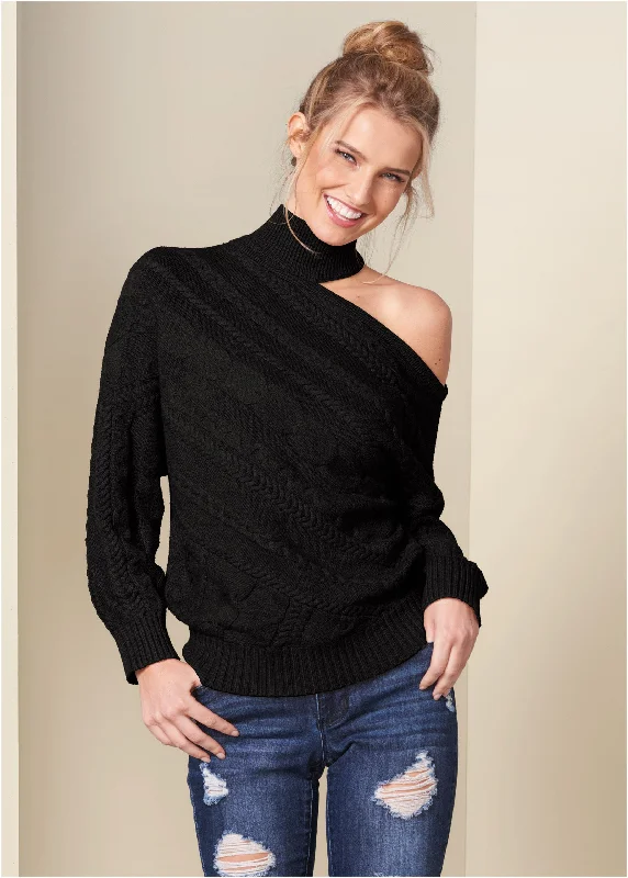 One-shoulder turtleneck sweater - Black