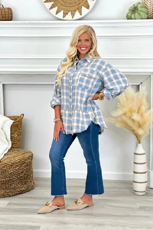 Periwinkle Blue Plaid Long Sleeve Button Up Top