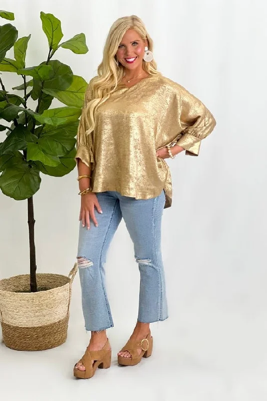 Taupe Shimmer V-Neck Short Sleeve Top