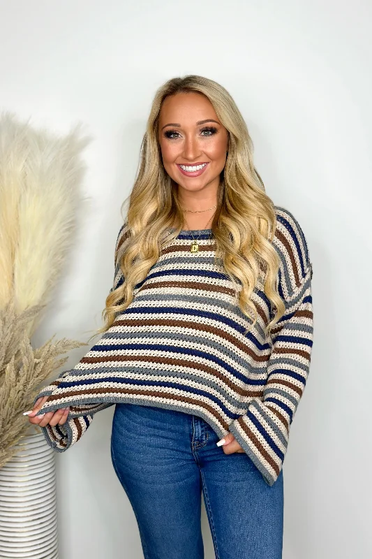 Blueberry Combo Stripe Crochet Long Sleeve Sweater