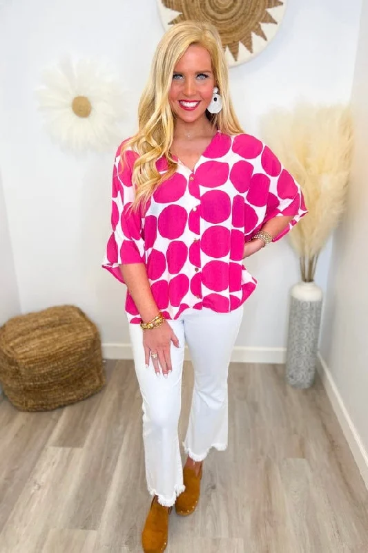 Hot Pink Dot Print Button Up Top