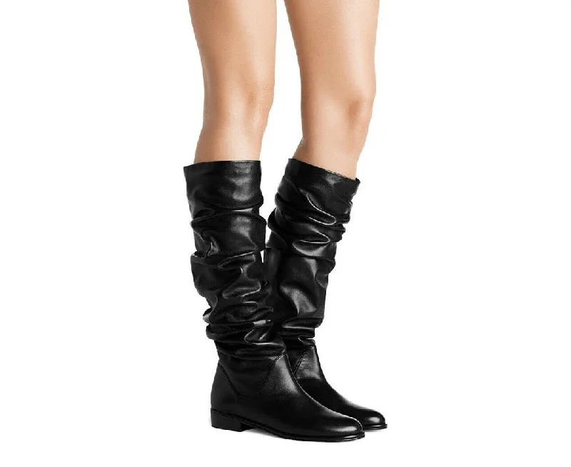 Stuart Weitzman Women's Flatscrunchy Black Nappa Leather Knee High Boots