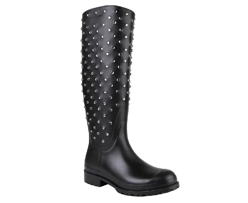 Saint Laurent Women's Black Rubber Rain Boots With Crystal Studs (35 EU / 5 US)