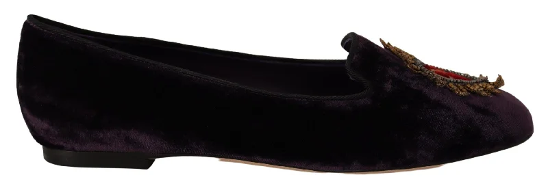 Dolce & Gabbana Chic Purple Velvet Loafers with Heart Women's Detail