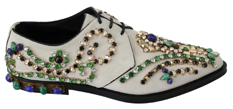 Dolce & Gabbana Elegant White Suede Dress Flats with Women's Crystals